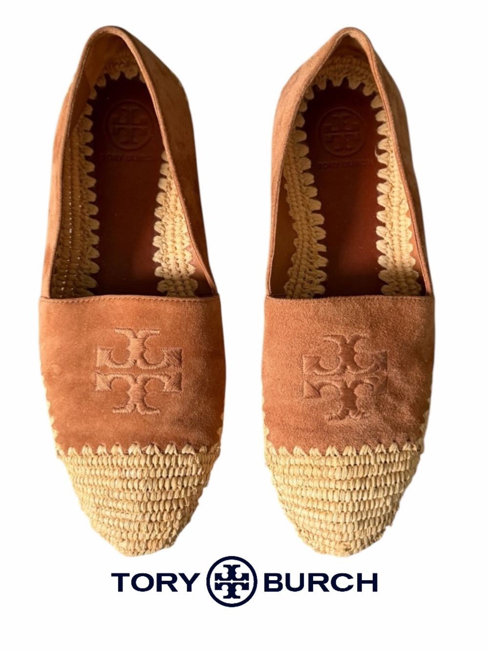 Tory Burch Arianne Tan Suede & Raffia Espadrille Flats embroidered double T 6